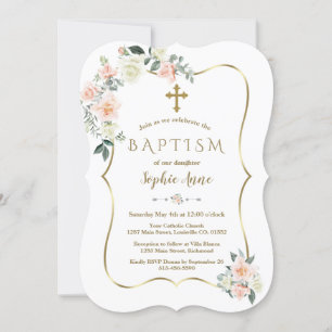 Delicate Blush White Flowers Gold Girl Baptism Invitation