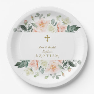 Delicate Blush White Flowers Gold Girl Baptism Paper Plate