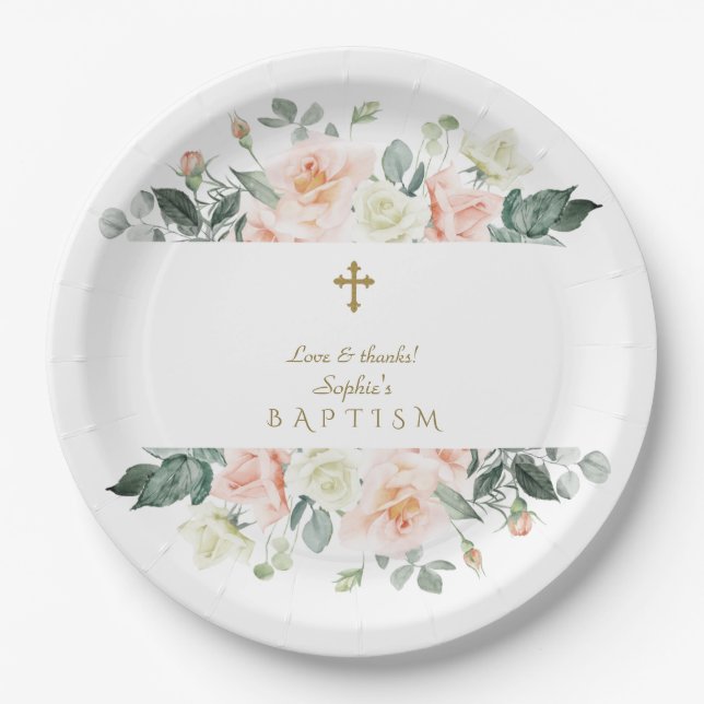 Delicate Blush White Flowers Gold Girl Baptism Paper Plate (Front)