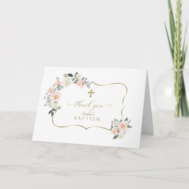 Delicate Blush White Flowers Gold Girl Baptism Thank You Card (Front)