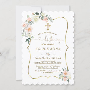 Delicate Blush White Flowers Gold Girl Christening Invitation
