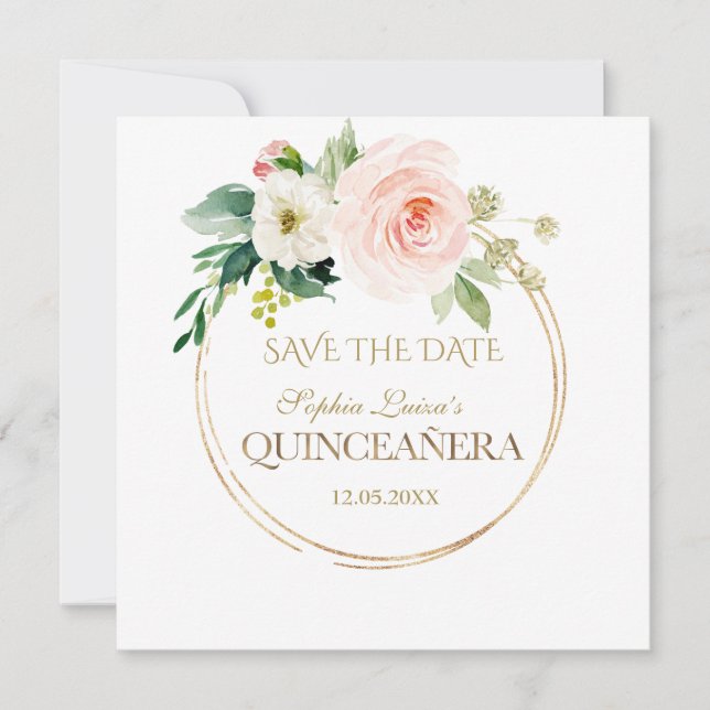 Delicate Blush White Flowers Gold Quinceañera Save The Date (Front)