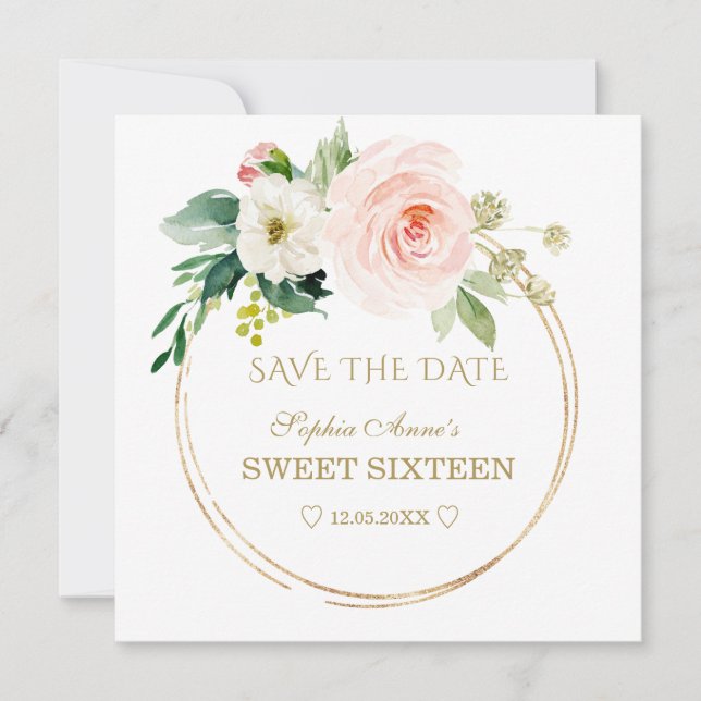 Delicate Blush White Flowers Gold Sweet Sixteen Save The Date (Front)