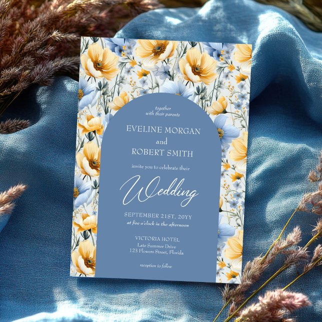 Delicate Boho blue and yellow wild flowers arch Invitation (elegant light pastel blue and yellow wild flowers wedding invitation)