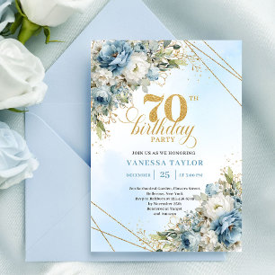 Delicate boho blue florals gold frame 70 birthday invitation