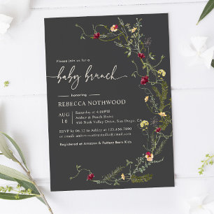 Delicate Boho Dark Grey Wildflowers Baby Brunch Invitation