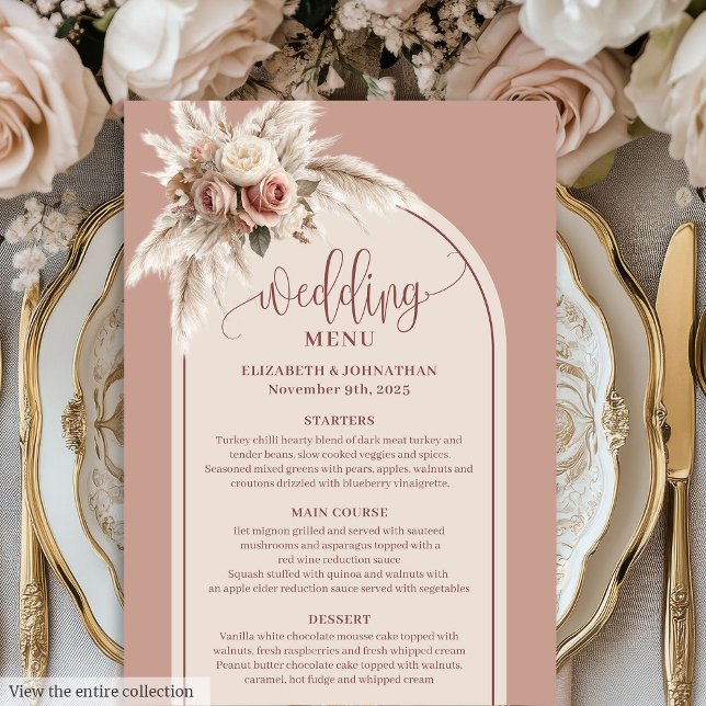 Delicate Boho Dusty Pink Pampas Floral Wedding  Menu (Delicate Boho Dusty Pink Pampas Floral Wedding Menu)