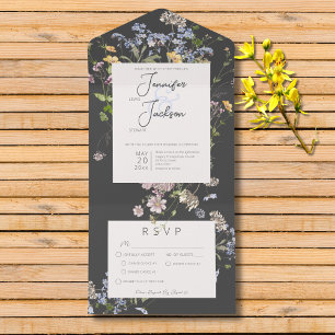Delicate Boho Wildflowers Charcoal Dinner All In One Invitation