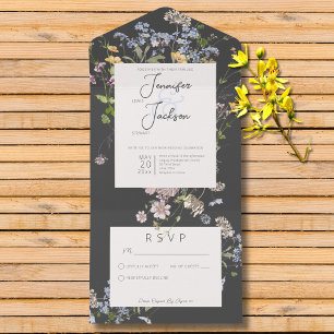 Delicate Boho Wildflowers Charcoal No Dinner All In One Invitation