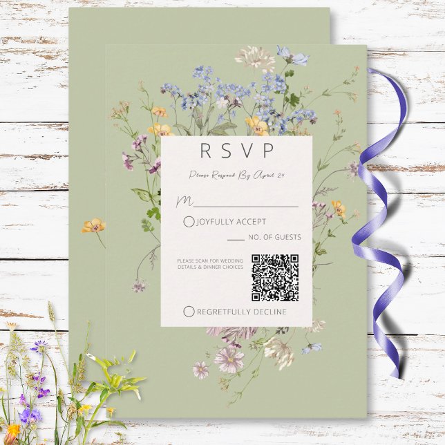 Delicate Boho Wildflowers Green QR Code Wedding RSVP Card (Delicate Boho Wildflowers Green QR Code Wedding RSVP Card)