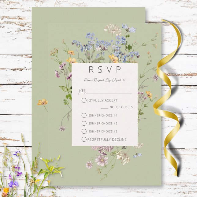 Delicate Boho Wildflowers Green Three Dinner RSVP Card (Delicate Boho Wildflowers Green Three Dinner RSVP Card)