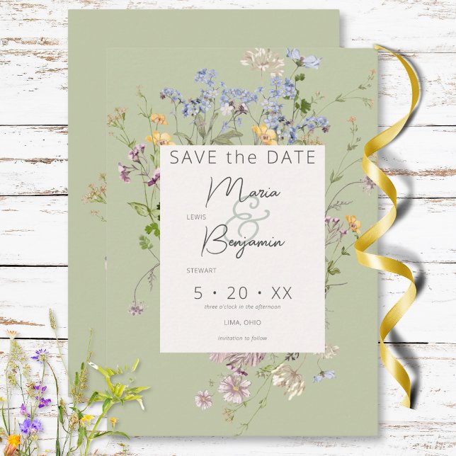 Delicate Boho Wildflowers Green Wedding Save The Date (Delicate Boho Wildflowers Green Wedding Save The Date)