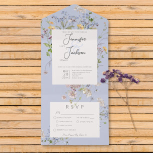 Delicate Boho Wildflowers Periwinkle Dinner All In One Invitation