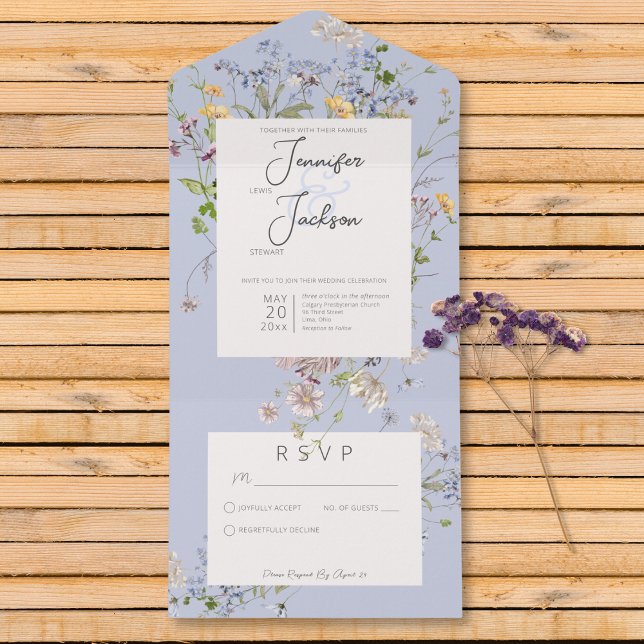 Delicate Boho Wildflowers Periwinkle No Dinner All In One Invitation (Delicate Boho Wildflowers Periwinkle No Dinner All In One Invitation)