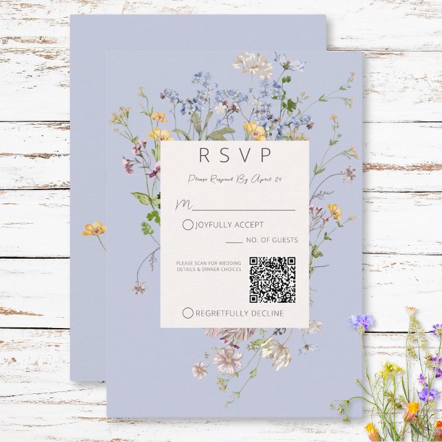 Delicate Boho Wildflowers Periwinkle QR Code RSVP Card (Creator Uploaded)