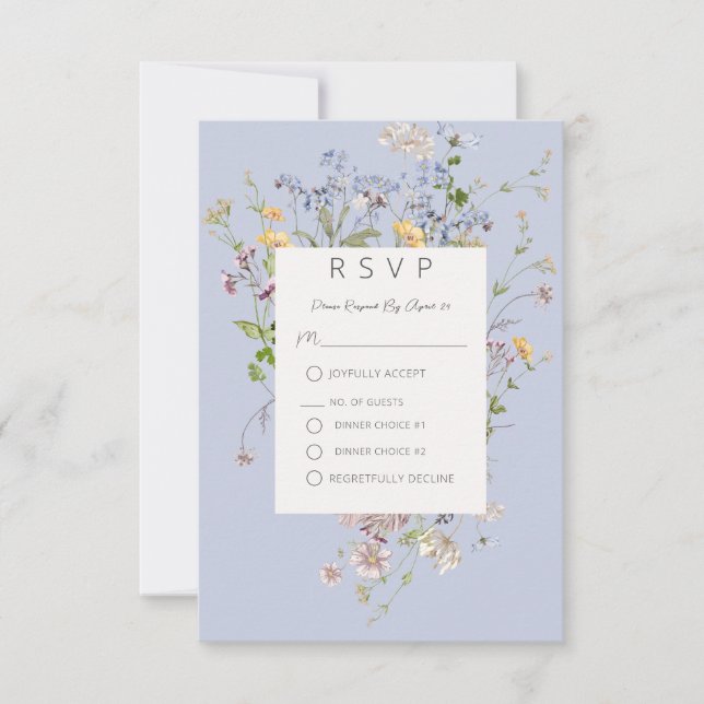 Delicate Boho Wildflowers Periwinkle Wedding RSVP Card (Front)