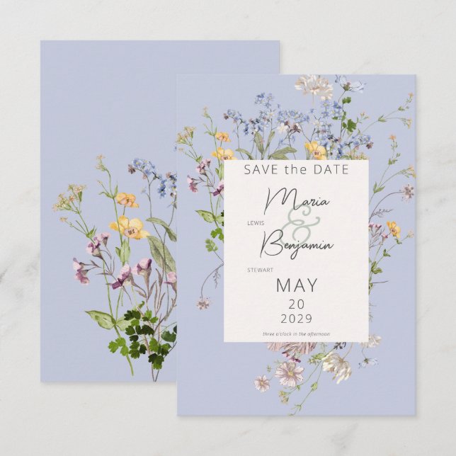 Delicate Boho Wildflowers Periwinkle Wedding Save The Date (Front/Back)