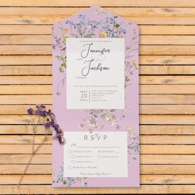 Delicate Boho Wildflowers Pink Dinner All In One Invitation (Delicate Boho Wildflowers Pink Dinner All In One Invitation)