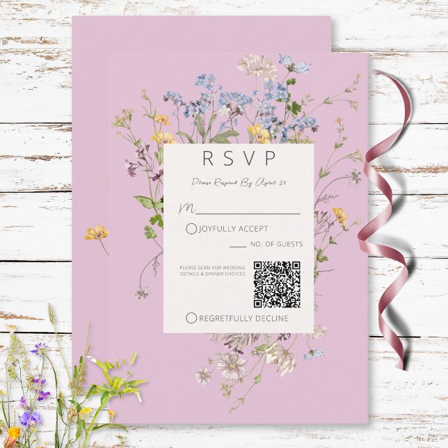 Delicate Boho Wildflowers Pink QR Code RSVP Card (Delicate Boho Wildflowers Pink QR Code RSVP Card)