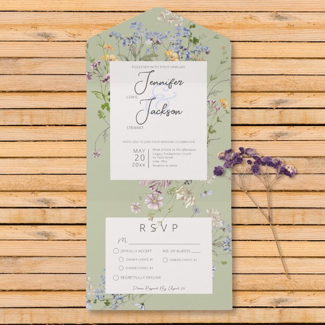 Delicate Boho Wildflowers Sage Green Dinner All In One Invitation (Delicate Boho Wildflowers Sage Green Dinner All In One Invitation)