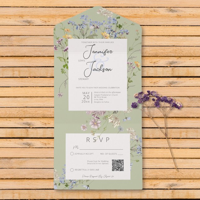 Delicate Boho Wildflowers Sage Green QR Code All In One Invitation (Delicate Boho Wildflowers Sage Green QR Code All In One Invitation)