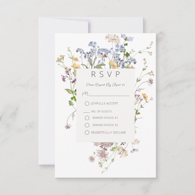 Delicate Boho Wildflowers White Wedding RSVP Card (Front)