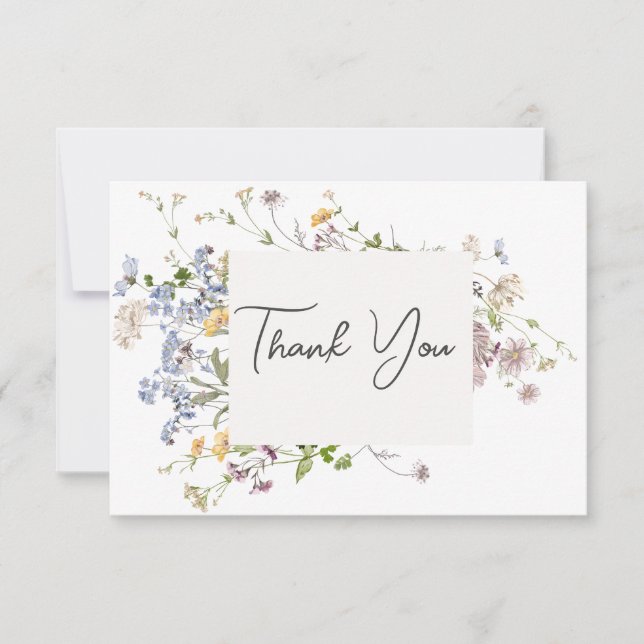 Delicate Boho Wildflowers White Wedding Thank You Card (Front)