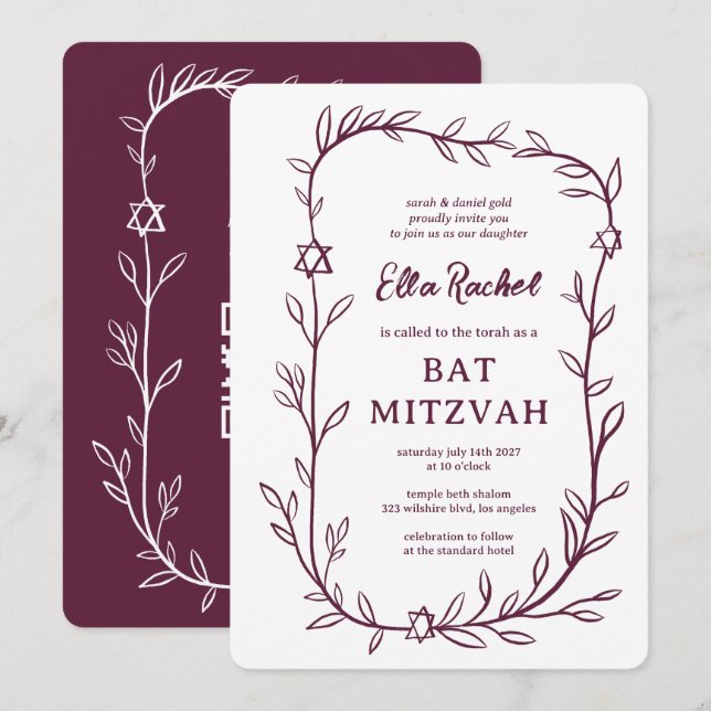 Delicate Botanical Bar Bat Mitzvah CUSTOM QR Code  Invitation (Front/Back)