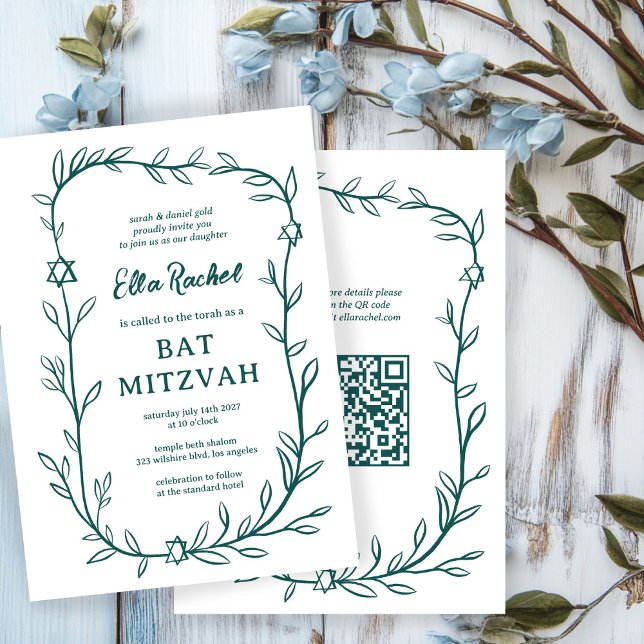 Delicate Botanical Bar Bat Mitzvah CUSTOM QR Code  Invitation (Delicate Botanical Bar Bat Mitzvah CUSTOM QR Code Invitation
)