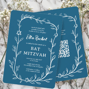 Delicate Botanical Bar Bat Mitzvah CUSTOM QR Code Invitation