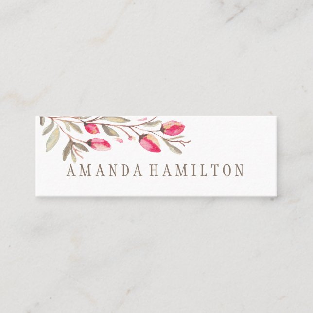 Delicate Botanical Branch Pink flowers watercolor Mini Business Card (Front)