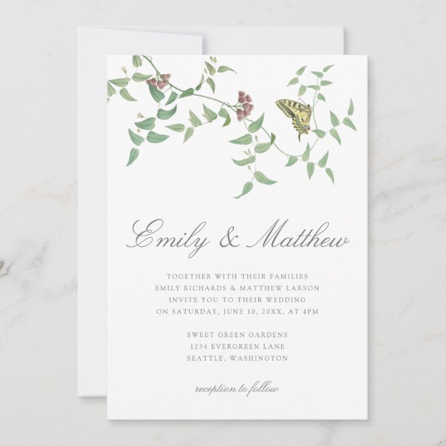 Delicate Botanical Butterfly Wedding Vintage Invitation (Front)