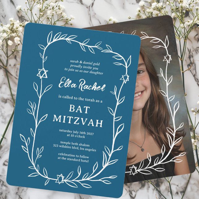 Delicate Botanical CUSTOM PHOTO Bar Bat Mitzvah Invitation (Delicate Botanical CUSTOM PHOTO Bar Bat Mitzvah Invitation Blue white trendy hand drawn)