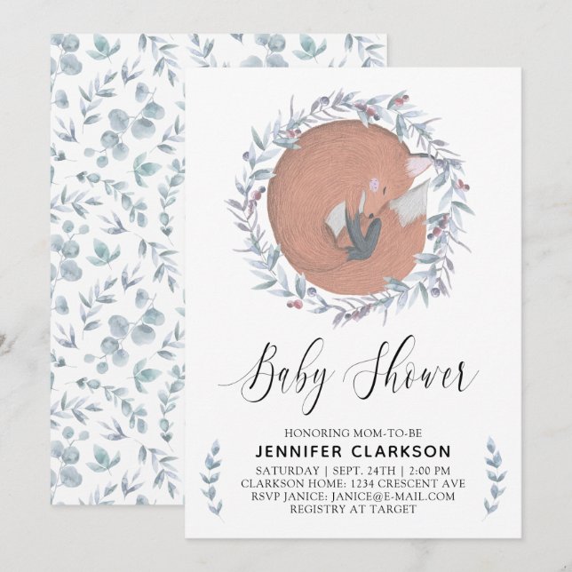 Delicate Botanical Fox Baby Shower Invitation (Front/Back)