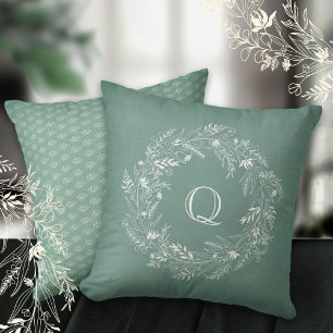 Delicate botanical greenery ring letter Q Cushion