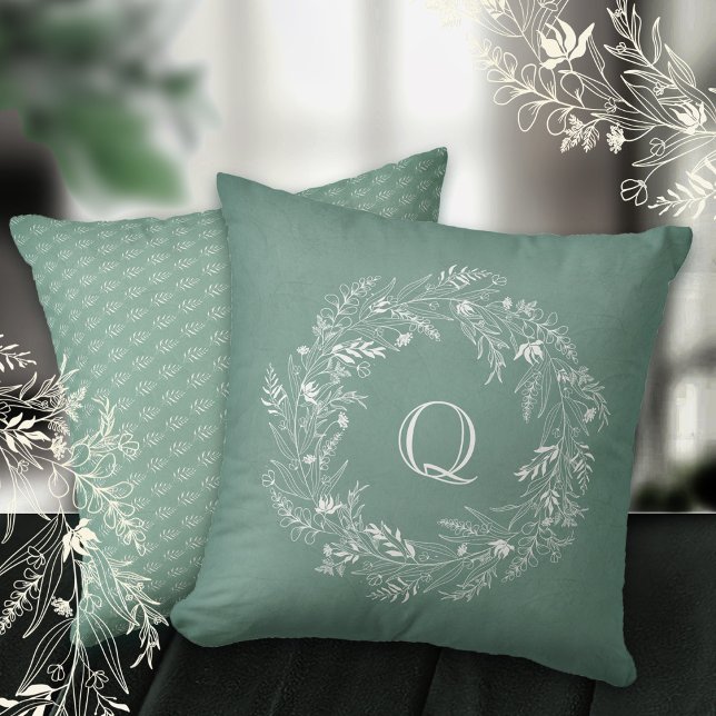 Delicate botanical greenery ring letter Q Cushion (Creator Uploaded)