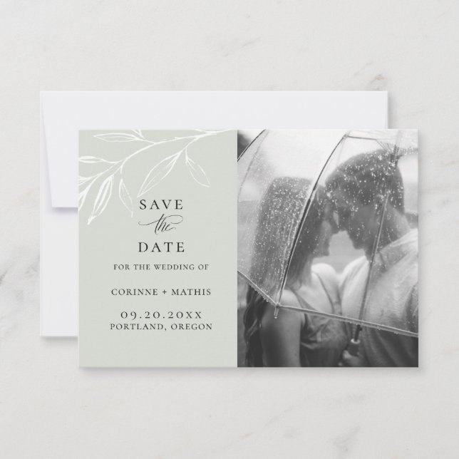 Delicate Botanical Ink Photo Save The Date Announcement (Front)