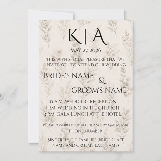Delicate Botanical Monogram Invitation (Front)