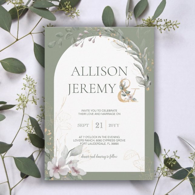 Delicate Botanical Sage Green Arch Wedding Invite (botanical sage green gold arch wedding invite)