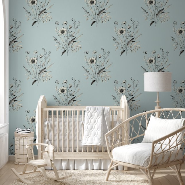 Delicate Botanicals on a Vintage Blue Background Wallpaper (Kids)