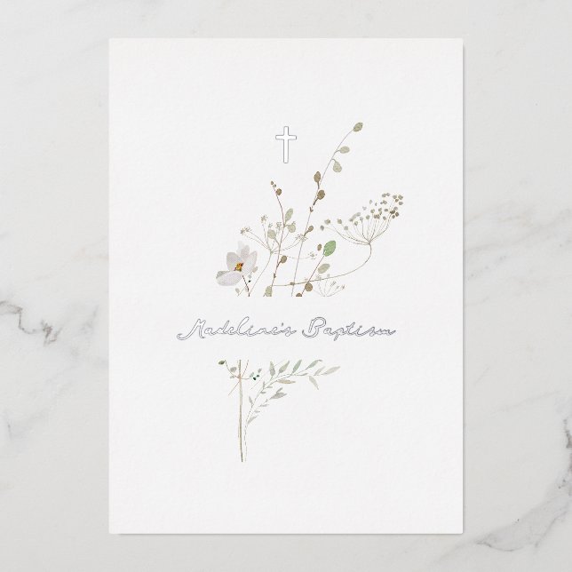 delicate bouquet Baptism silver foil Invitation (Front)