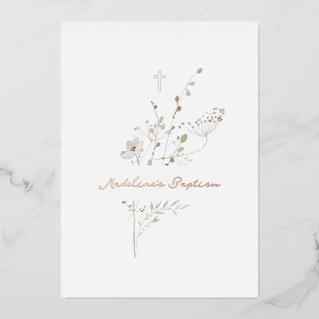 delicate bouquet Baptism silver foil Invitation (Front)