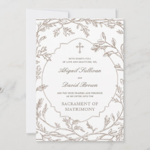 Delicate Brown Foliage Frame Catholic Wedding Invitation