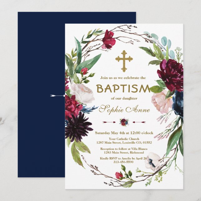 Delicate Burgundy Blue Floral Wreath Girl Baptism Invitation (Front/Back)
