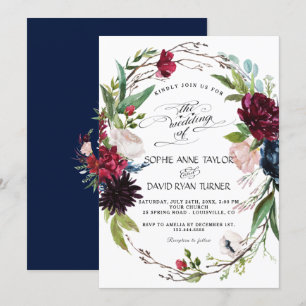 Delicate Burgundy Blue Floral Wreath Wedding Invitation