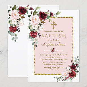 Delicate Burgundy Blush Flowers Gold Cross Baptism Invitation