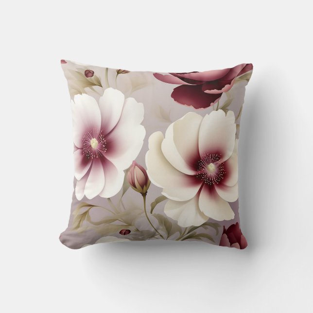Delicate Burgundy Botanical Floral Cushion (Front)