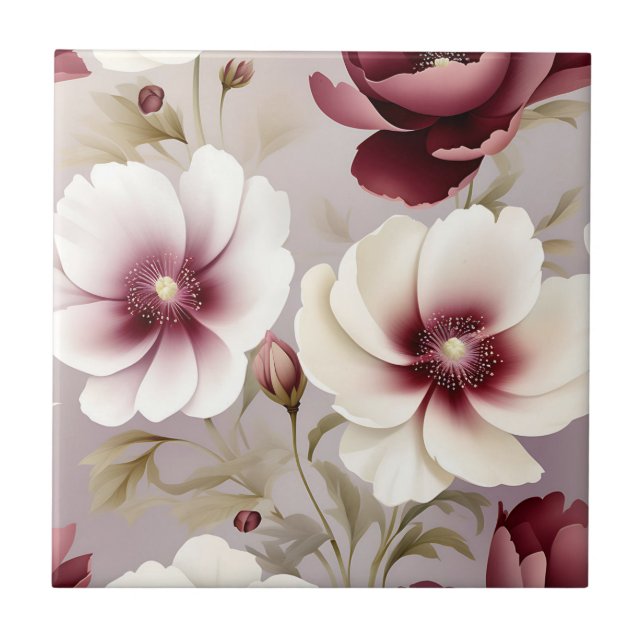 Delicate Burgundy Botanical Floral Tile (Front)