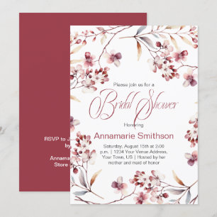 Delicate Burgundy Buds Wreath Bridal Shower   Invitation