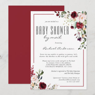 Delicate Burgundy Roses Baby Shower by Mail Invitation